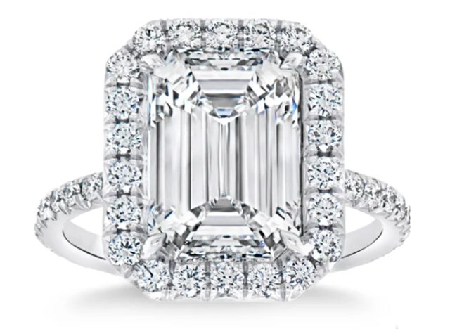 Emerald Cut 5.81 CTW VVS2 Sarlity, G Color Diamond Platinum Halo Ring